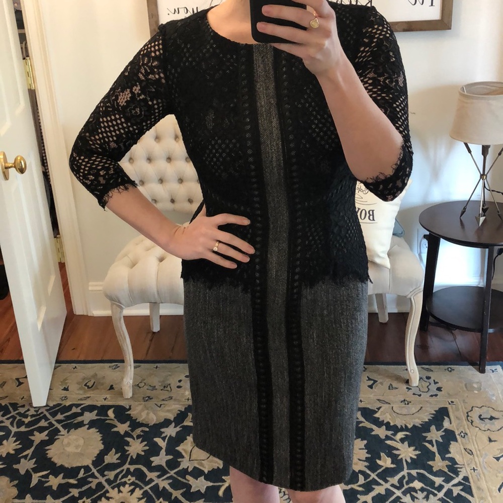 ANTONIO MELANI Black Lace & Charcoal Knit Sheath Dress